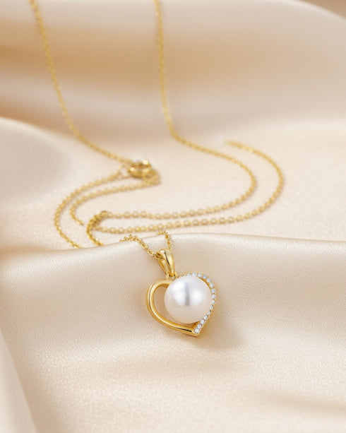 Exquisite Heart Zirconia Pearl Pendant Necklace - Gold Vermeil
